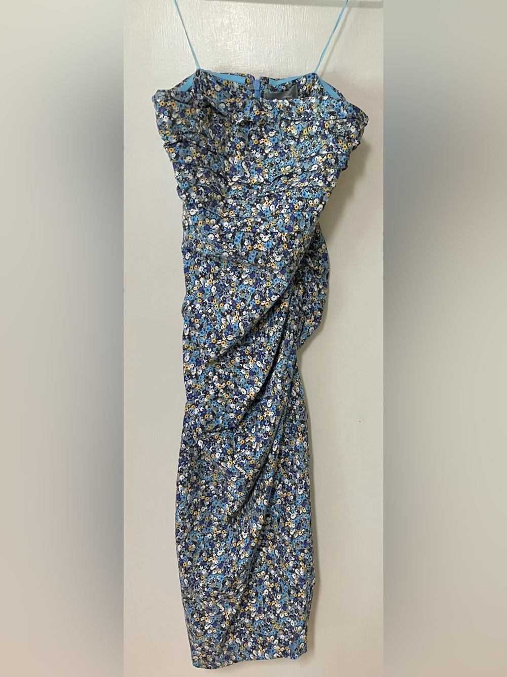 Anthropologie Blue Floral Strapless Dress - Ruched through middle and rear: L
